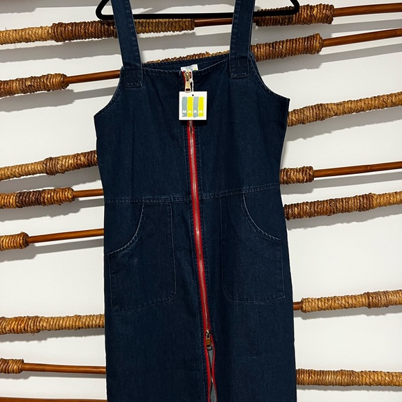 MKRM Dresses & Skirts - MKRM Dark Wash Denim Overall Dress with Red Zipper